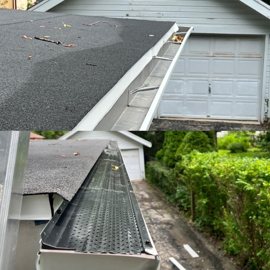 Gutter guards installed on a garage roof