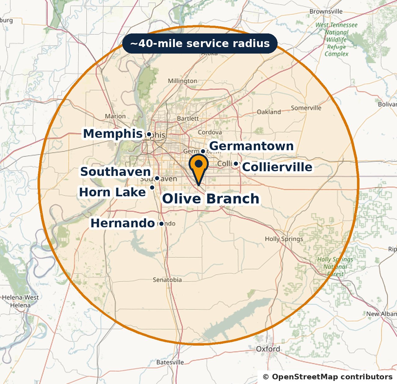 Map of the approximately 40-mile Handyman Andy LLC service radius around Olive Branch, MS, including Memphis, Germantown, Collierville, Southaven, Horn Lake and Hernando